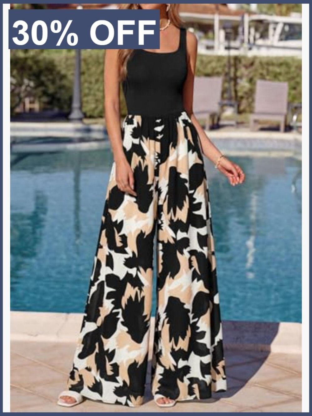 Boho Floral Wide Leg Jumpsuit with Pockets Sleeveless Summer Romper - Picture 5 of 7